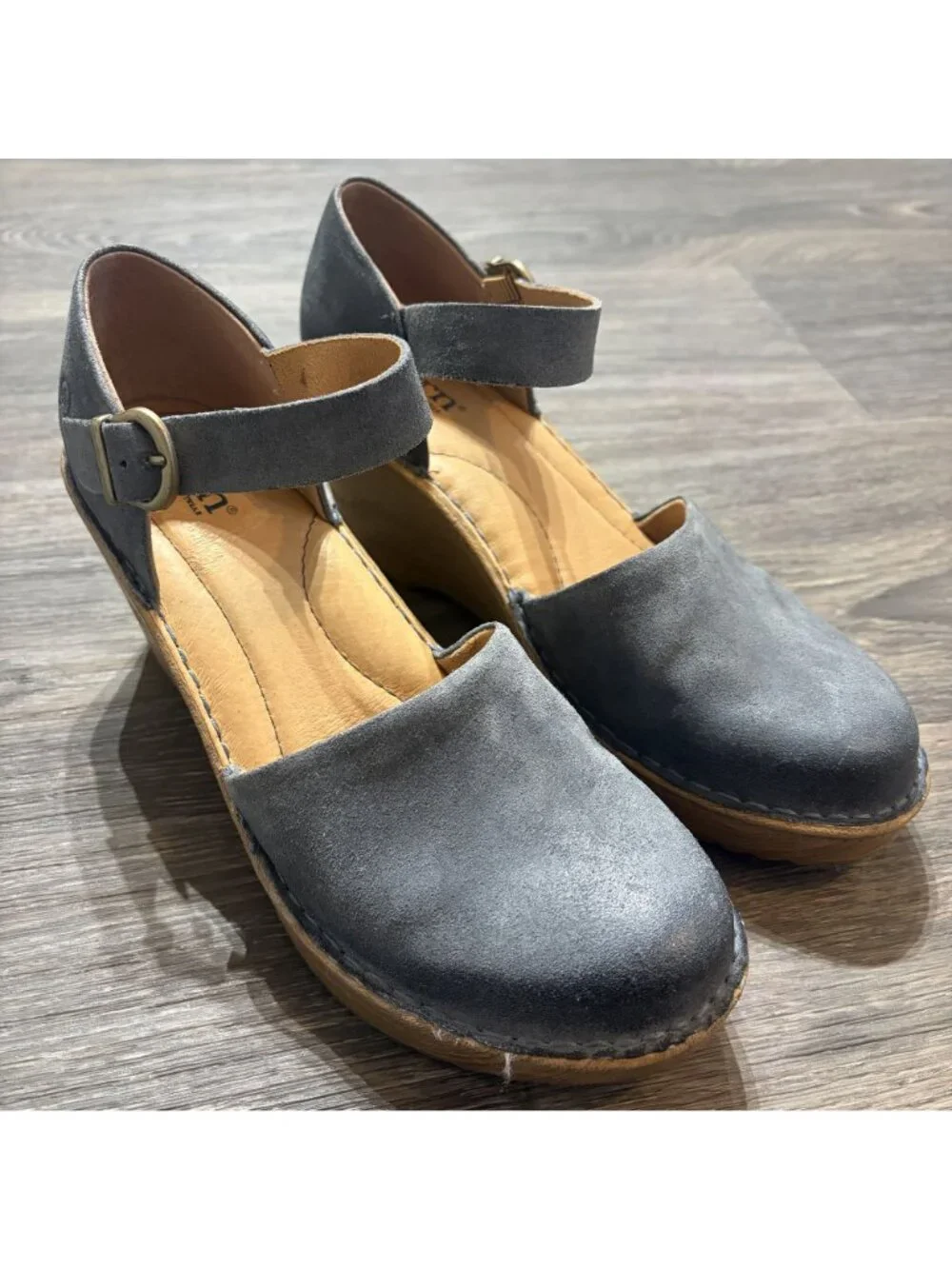 Born Nellie Wedge Heels Size 9 Mary Jane Blue Suede Adjustable Ankle Strap